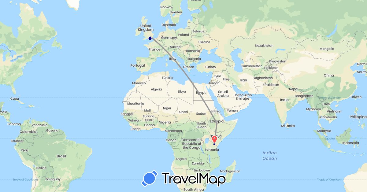 TravelMap itinerary: driving, plane, hiking in Ethiopia, United Kingdom, Tanzania (Africa, Europe)